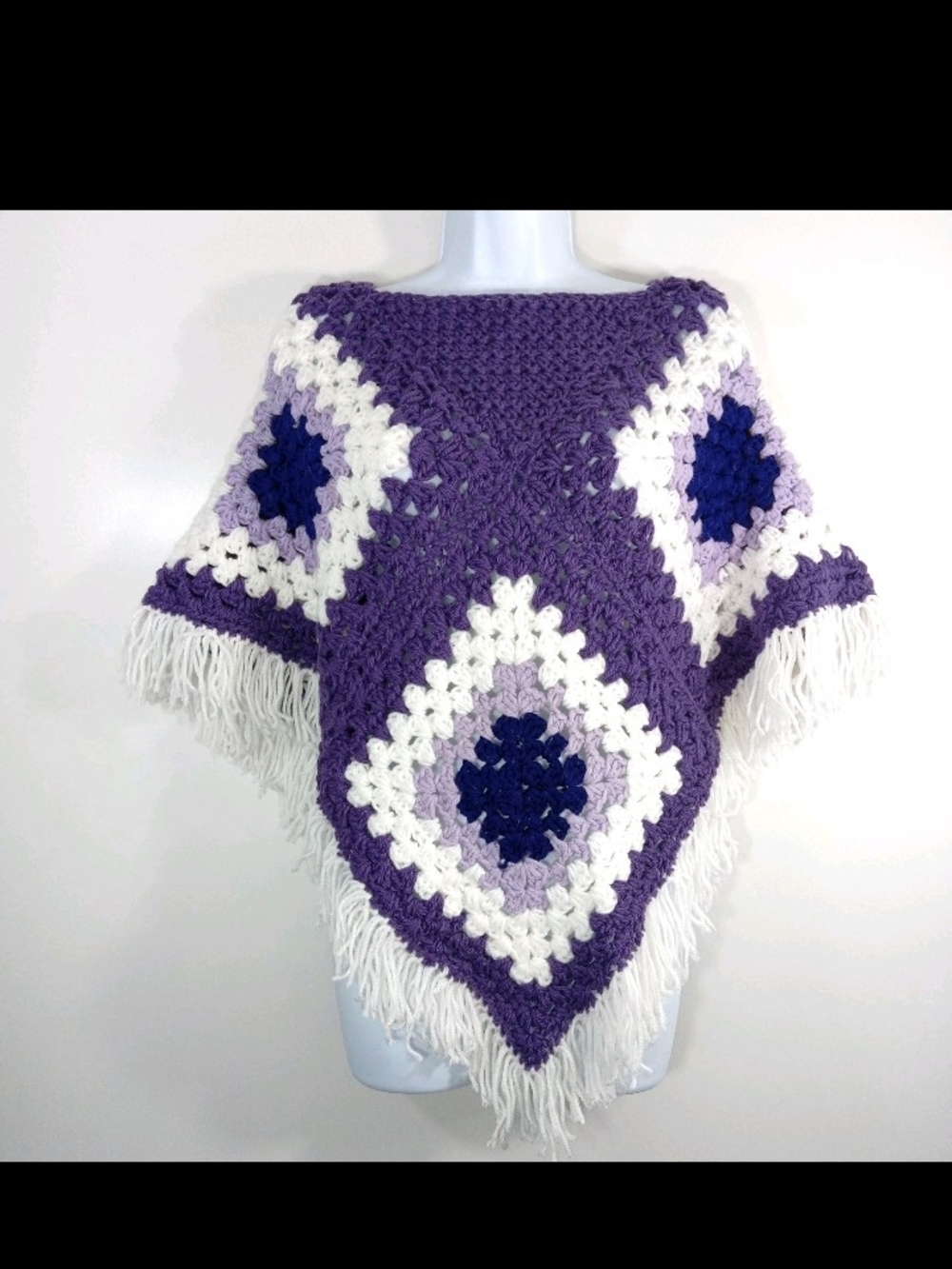 Vtg Handmade Purple Crochet Fringe Poncho Sweater